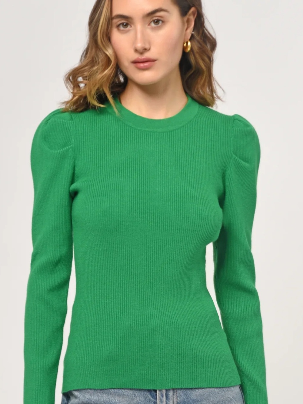 Greylin Felina Green Puff Sleeve Ribbed Crew Sweater Size XS